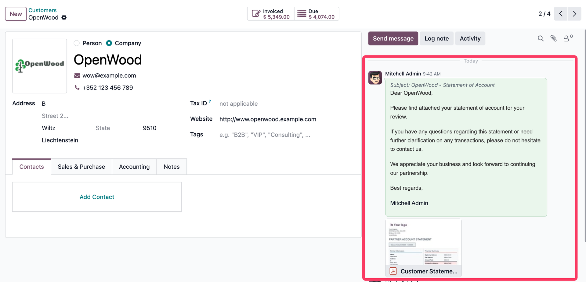 Sent statement email visible in partner chatter with PDF attachment