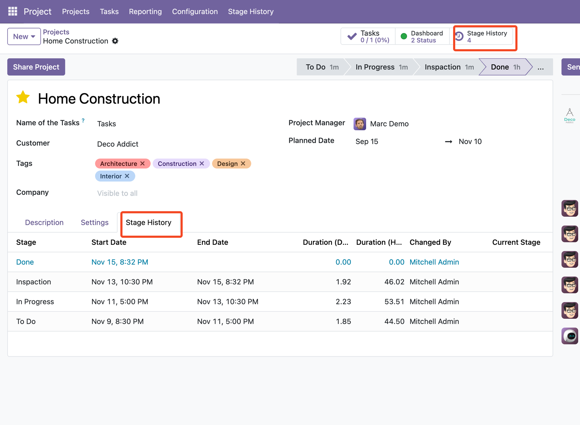 Stage History Tab in Project Form