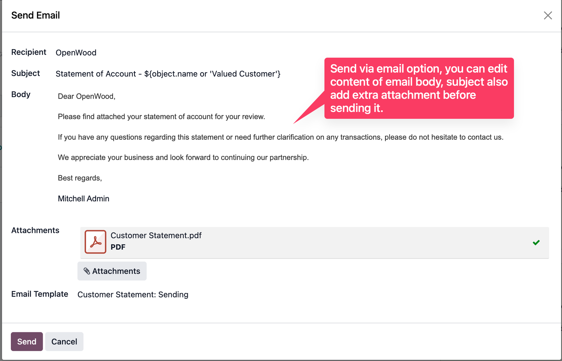 Email composer wizard with customizable template and PDF attachment