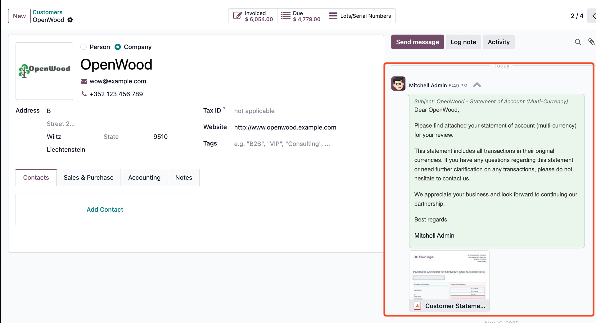 Sent multi-currency statement email visible in partner chatter with PDF attachment