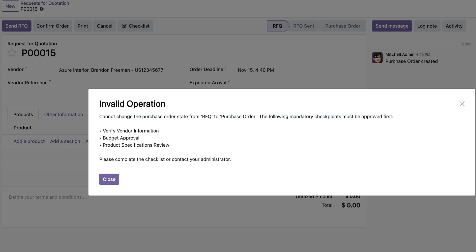 Checklist Validation Error