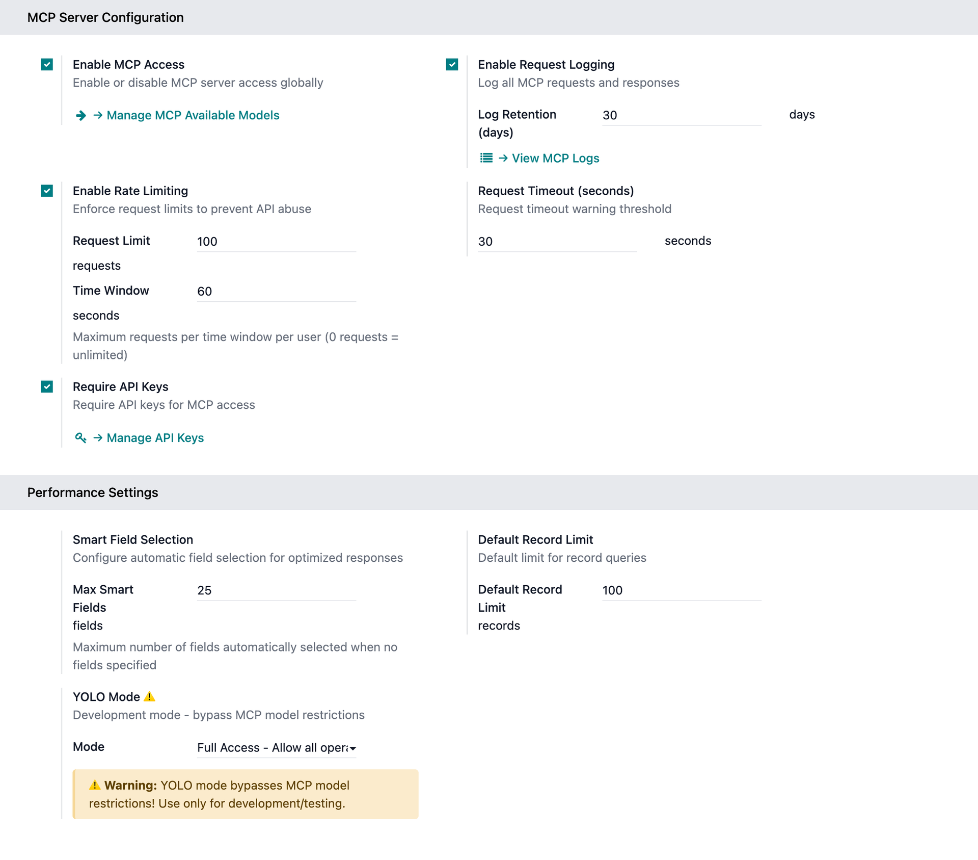 MCP Server Configuration in Odoo Settings