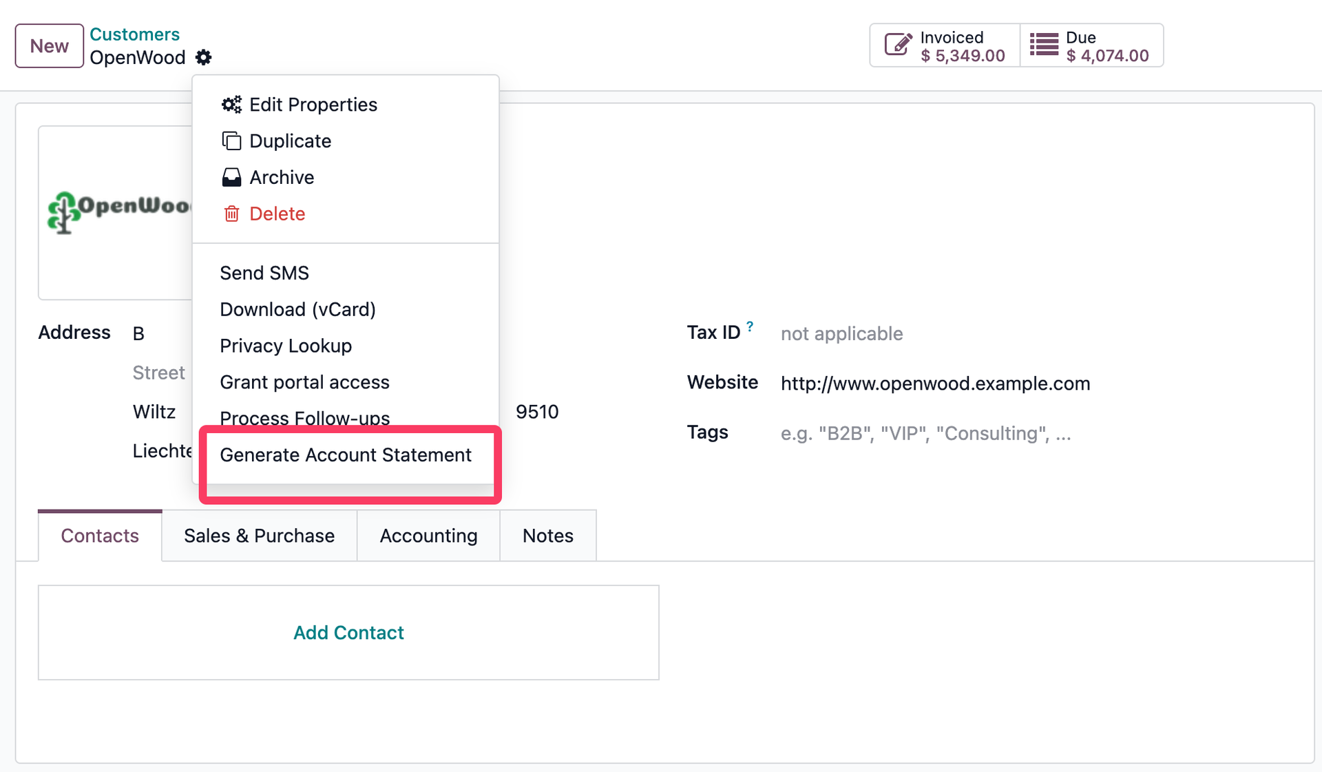 Generate Statement action button on partner/contact form